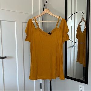 Torrid Mustard Yellow Ribbed Flowy T-Shirt Blouse with Cut-Out and Strap Details